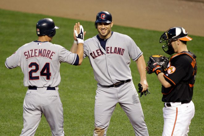 Losing both Grady Sizemore and Travis Hafner, center, is not helping the Cleveland Indians down the stretch. (Rob Carr/Getty Images)