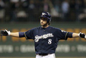 Ryan Braun making the safe sign with his arms.