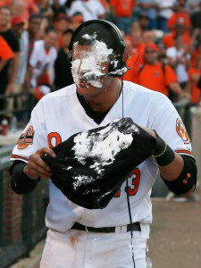 Manny Machado takes a pie in the face.