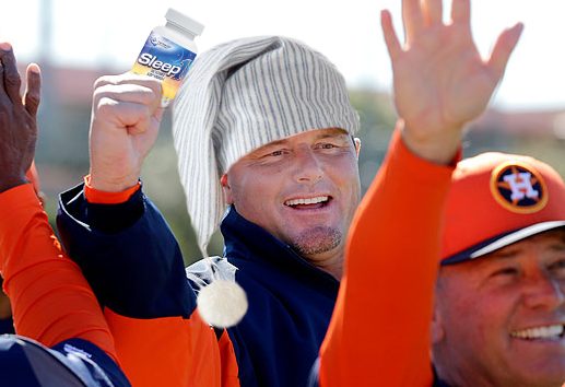 Humorous composite image of Roger Clemens in a nightcap and holding a sleep-aid medication.