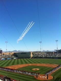 Three jets fly over for opening day of spring training for Colorado Rockies