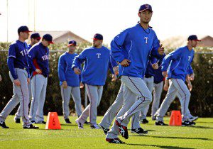 Yu Darvish running drills in spring training for the Texas Rangers