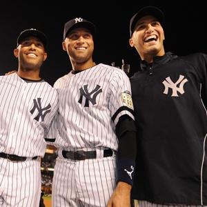 New York Yankees Mariano Rivera, Derek Jeter and Andy Pettitte pose.