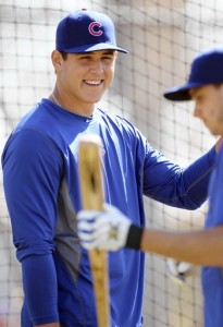 Chicago Cubs first baseman Anthony Rizzo stands by the batting cage.