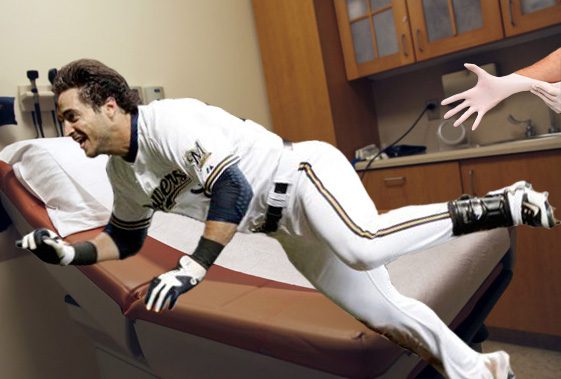 Ryan Braun, fresh off the World Baseball Classic, is lying down in a Dr. office ready to get probed. Humerous composite.