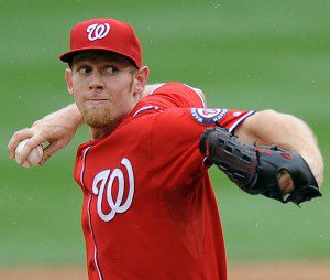 Washington Nationals pitcher Stephen Strasburg throwing a pitch in spring training.