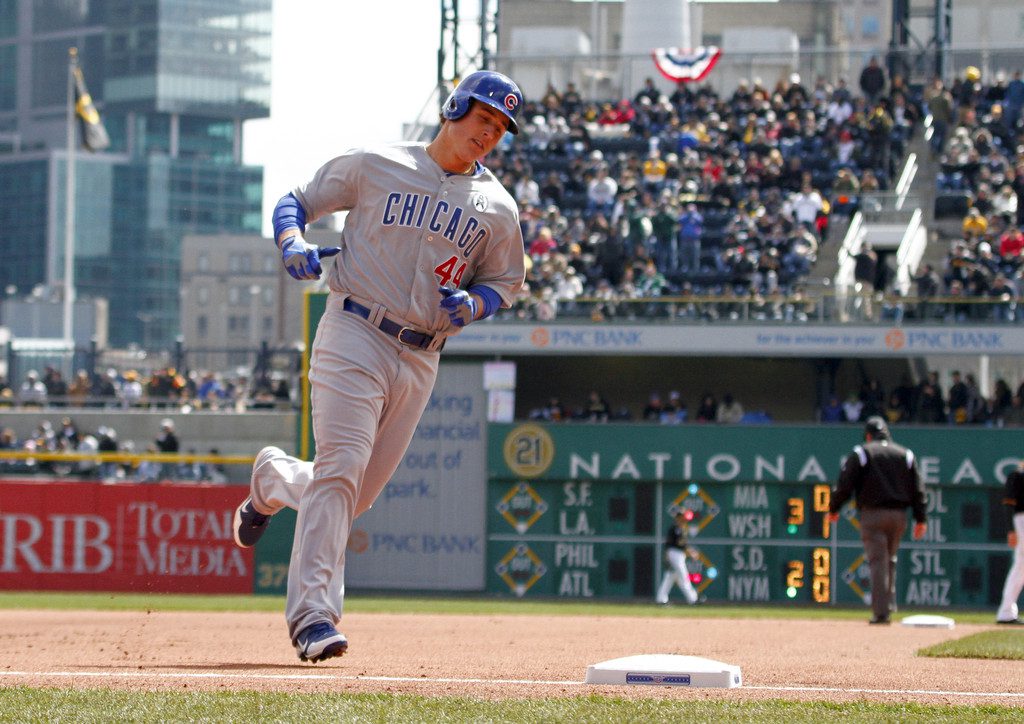Chicago Cubs first baseman Anthony Rizzo rounds the bases after hitting a home run.
