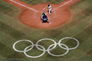 Olympic rings on a baseball diamond