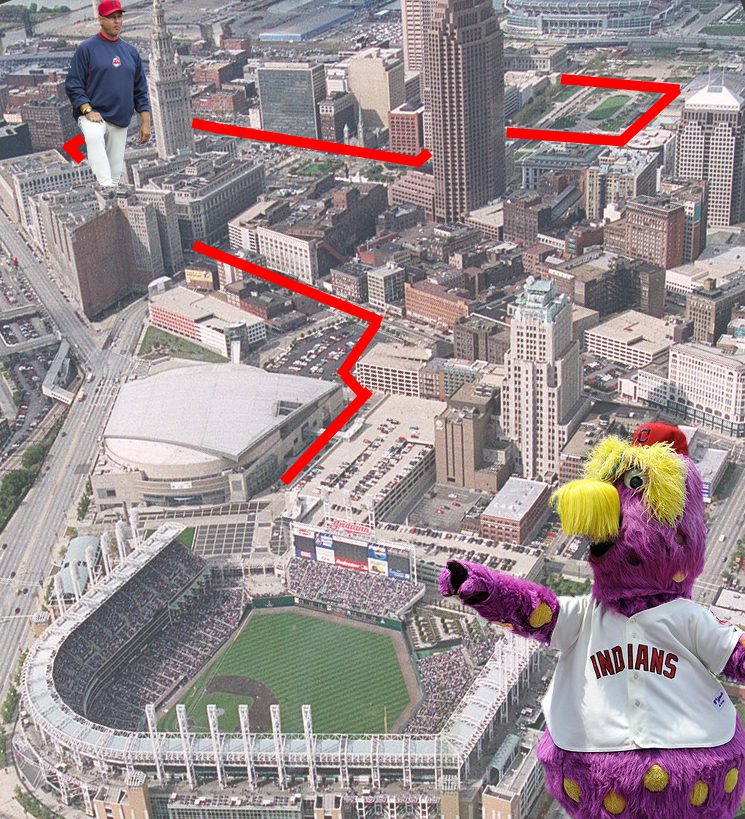 Terry Francona is lost in Cleveland and Indians mascot Slider is showing him the way.