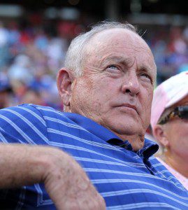 Nolan Ryan sitting in his seat at a Texas Rangers home game.