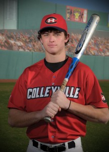 2013 MLB draft prospect Cody Thomas poses with a bat on his shoulder.