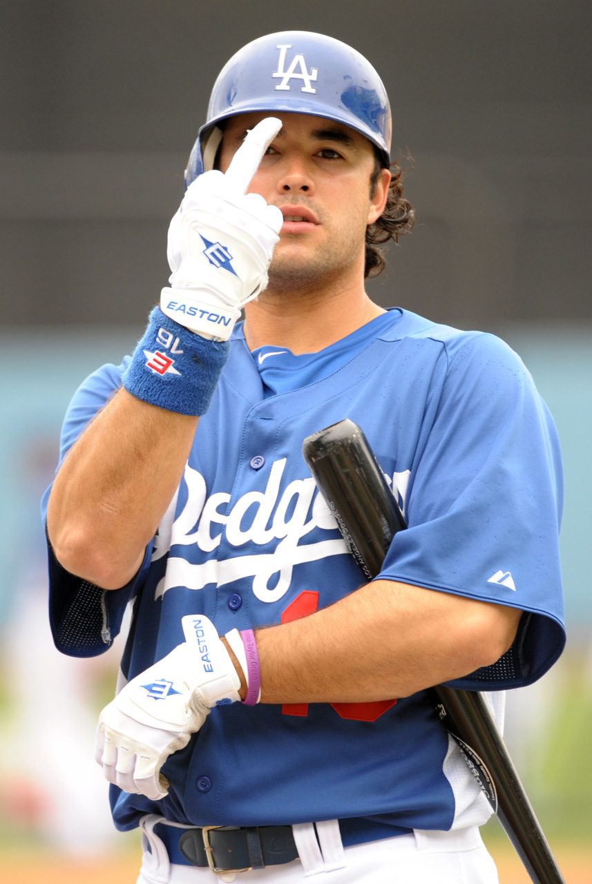 Andre Ethier flips off the camera during batting practice.