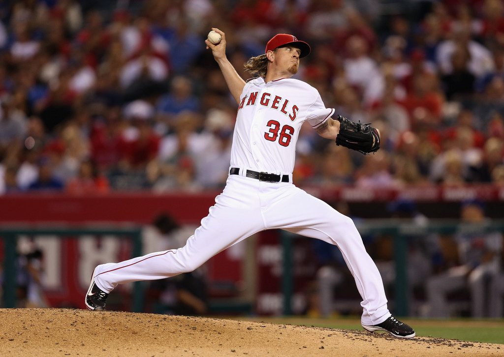 Jered Weaver throws a pitch.
