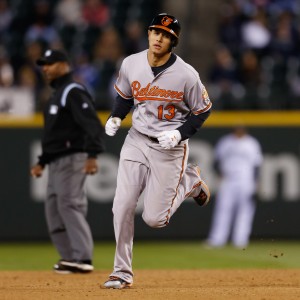 Manny Machado rounds the bases after hitting a home run last night.