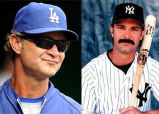 Dodgers manager Don Mattingly with and without a moustache.