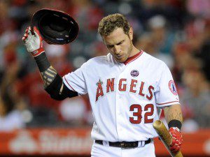 Los Angeles Angels Josh Hamilton is frustrated after striking out. 