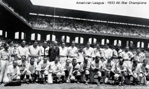Black and white team photo of the American League team.