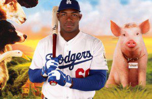 Yasiel Puig holds a bat on his shoulder in a composite image with the animals from the film Babe.