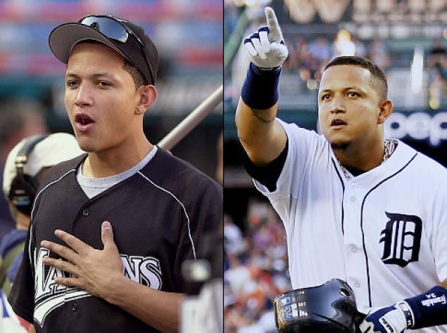 Two images of Miguel Cabrera -- early career and current.