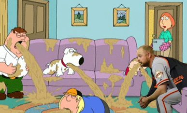 Chad Gaudin composite with Family Guy members throwing up in living room.