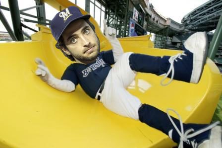 Composite image of Ryan Braun's face over Bernie the Brewer going down the slide at Miller Park.