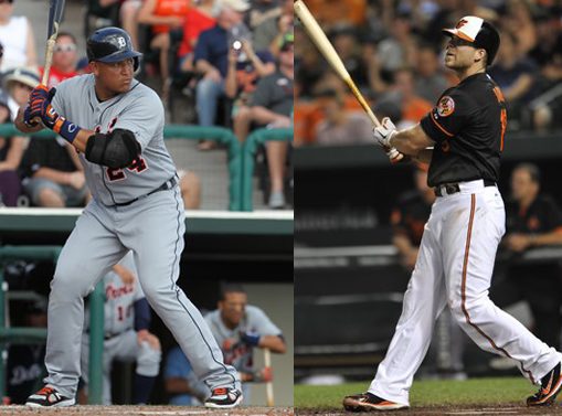 Composite of two images of MVP candidates Miguel Cabrera and Chris Davis at the plate.