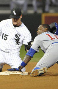 Alfonso Soriano slides head first into second base.