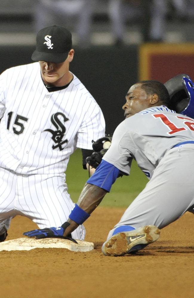 Alfonso Soriano slides head first into second base.