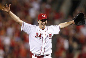 Homer Bailey no-hitter ends with the outstretched arms in celebration.