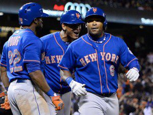 Mets new-look outfield: Eric Young, Jr., Juan Lagares and Marlon Byrd celebrate at home.
