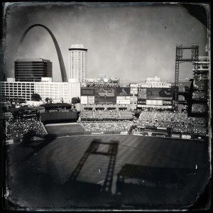 St. Louis skyline from behind home plate at Busch Stadium