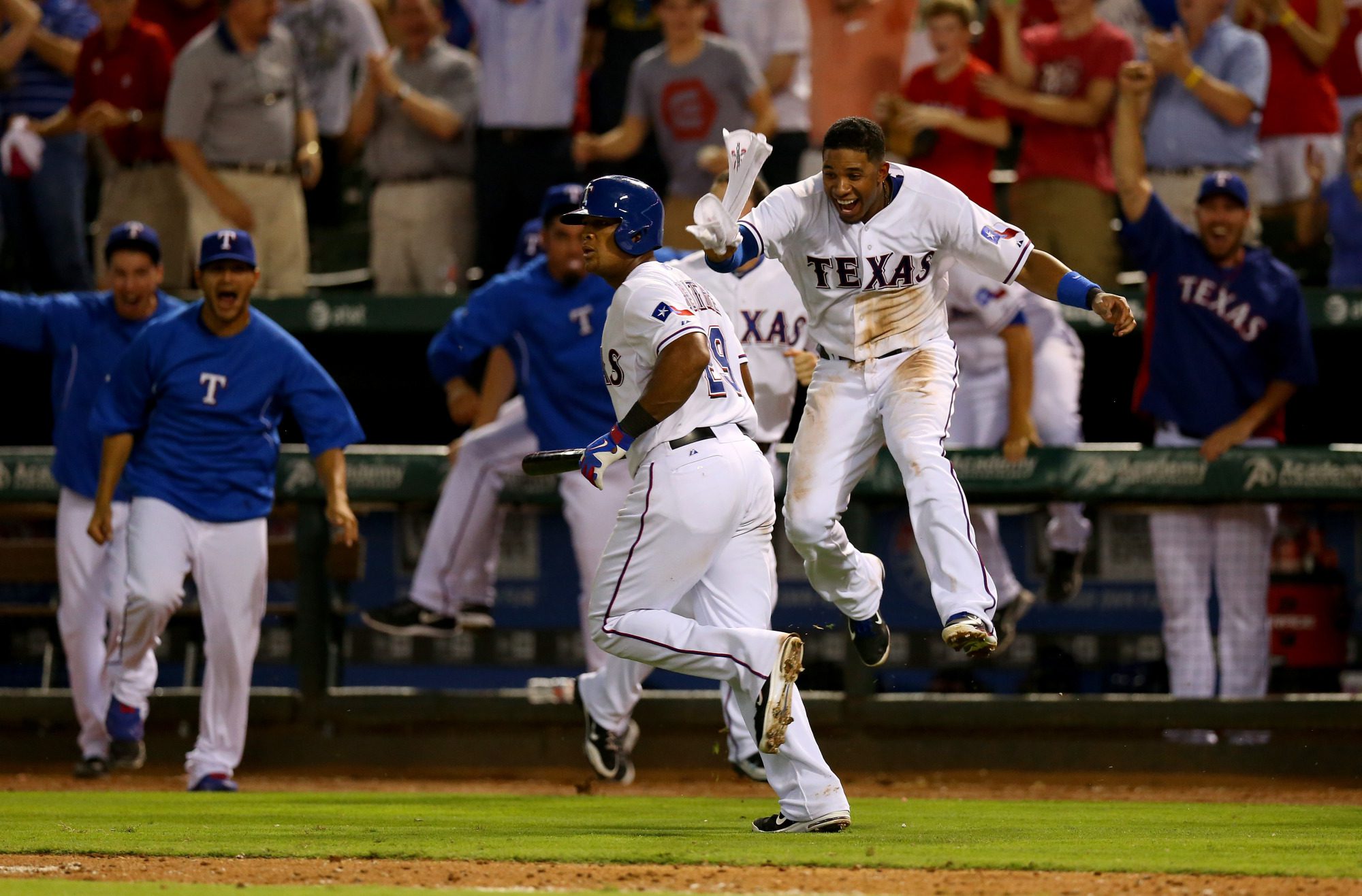 Adrian Beltre watches his walk-off home run leave the park.