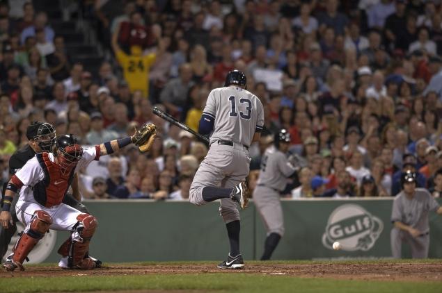 Alex Rodriguez gets hit by a pitch.