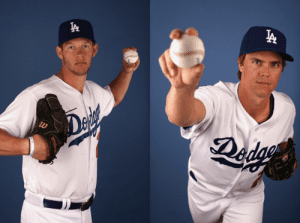 Dodgers pitchers Clayton Kershaw and Zack Greinke posing for pictures.