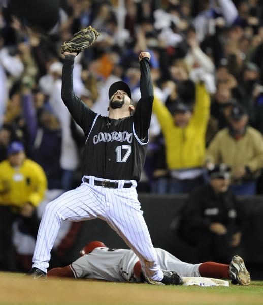 Todd Helton reacts after the securing the final out to clinch the pennant.