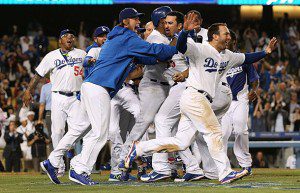 Los Angeles Dodgers players celebrate.